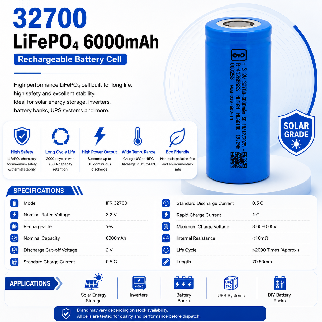 6000mAh 3.2V 32700 1C Solar LiFePO₄ Lithium Iron Phosphate Rechargeable Battery Cell - Image 2